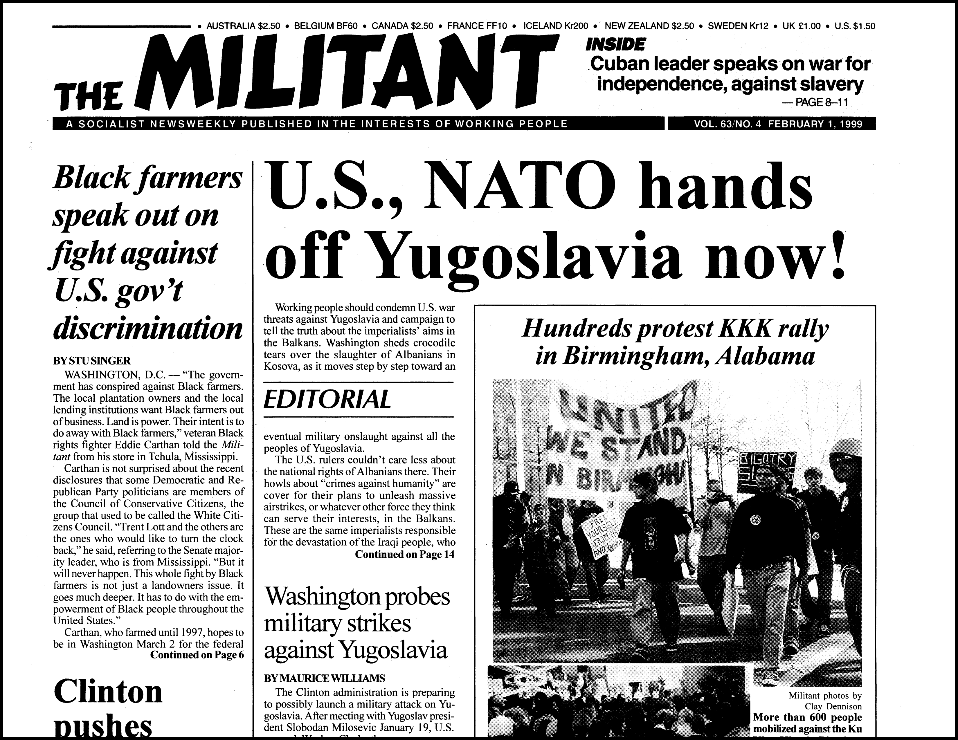 The Militant 2/1/99 U.S., NATO Hands Off Yugoslavia Now!
